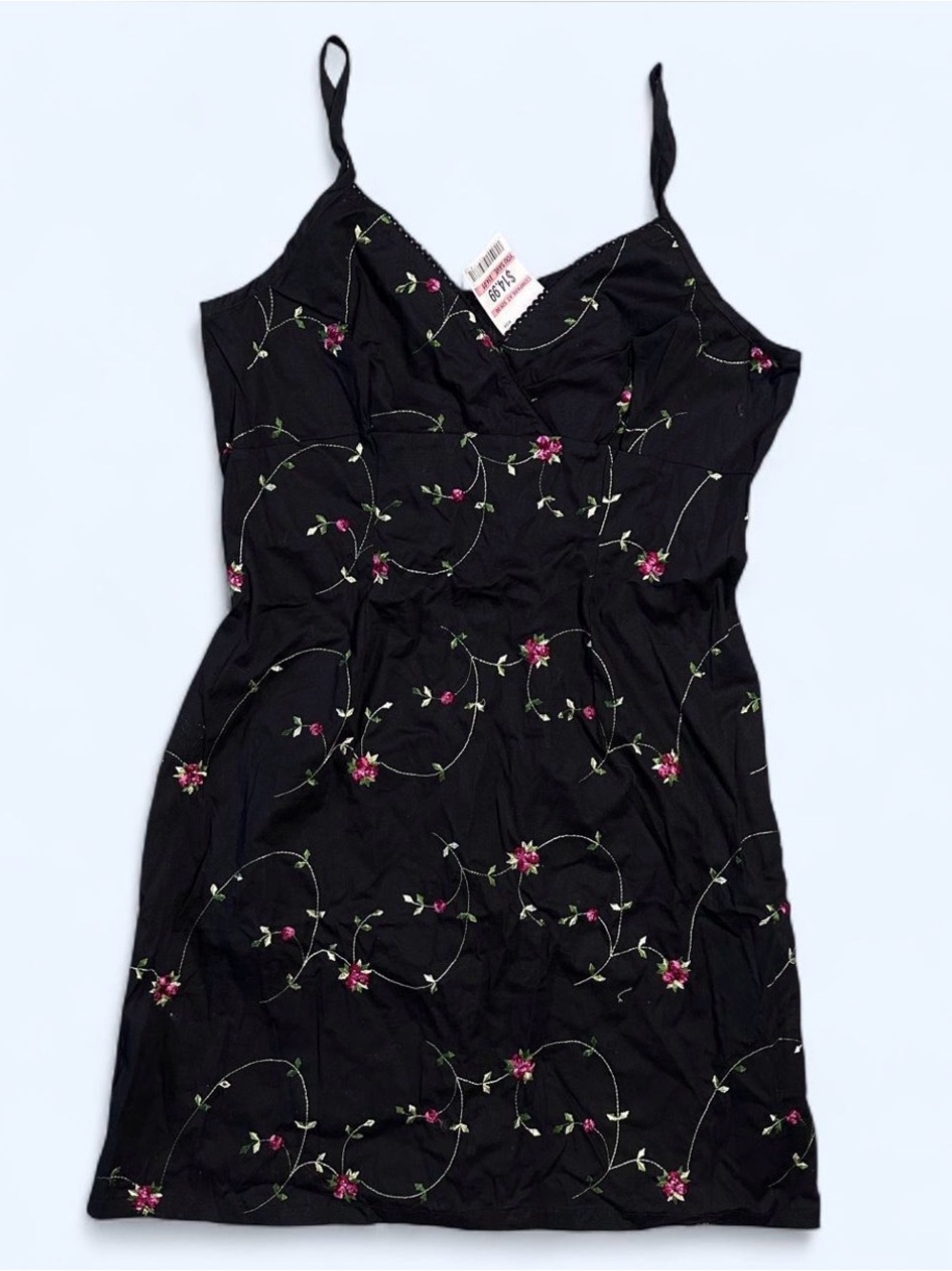 Y2K black cotton floral embroidered roses mini dress